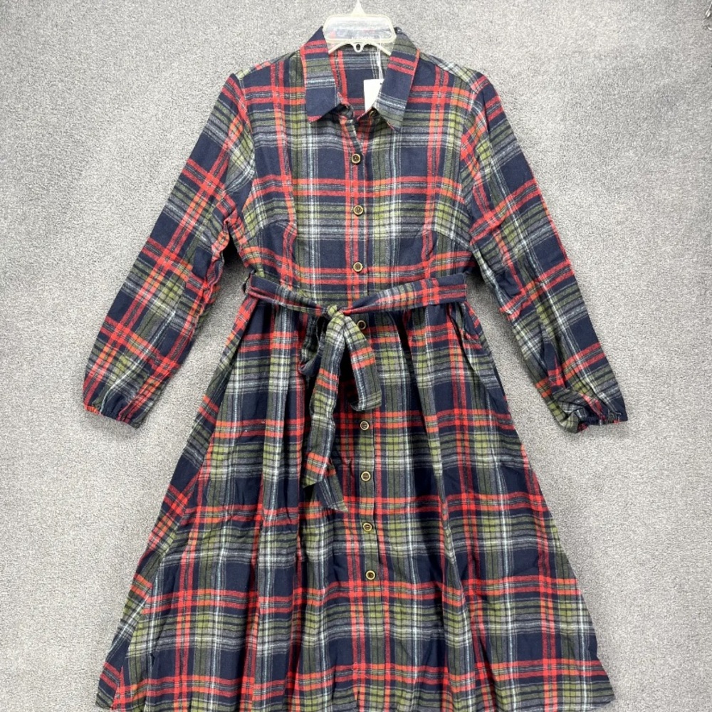 BLOOMCHIC Multi Plaid Button Front Belted Long Sleeve Arc Hemline Midi Dress - Picture 6 of 16